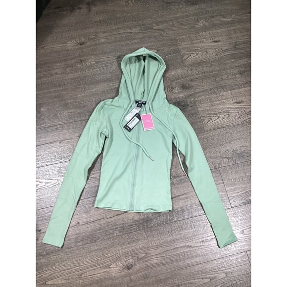PrettyLittleThing Shape Sage Green Zip-Up Hoodie Sweatshirt With Hood Size US 2 - Picture 1 of 7